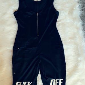 Black one piece with the word F off